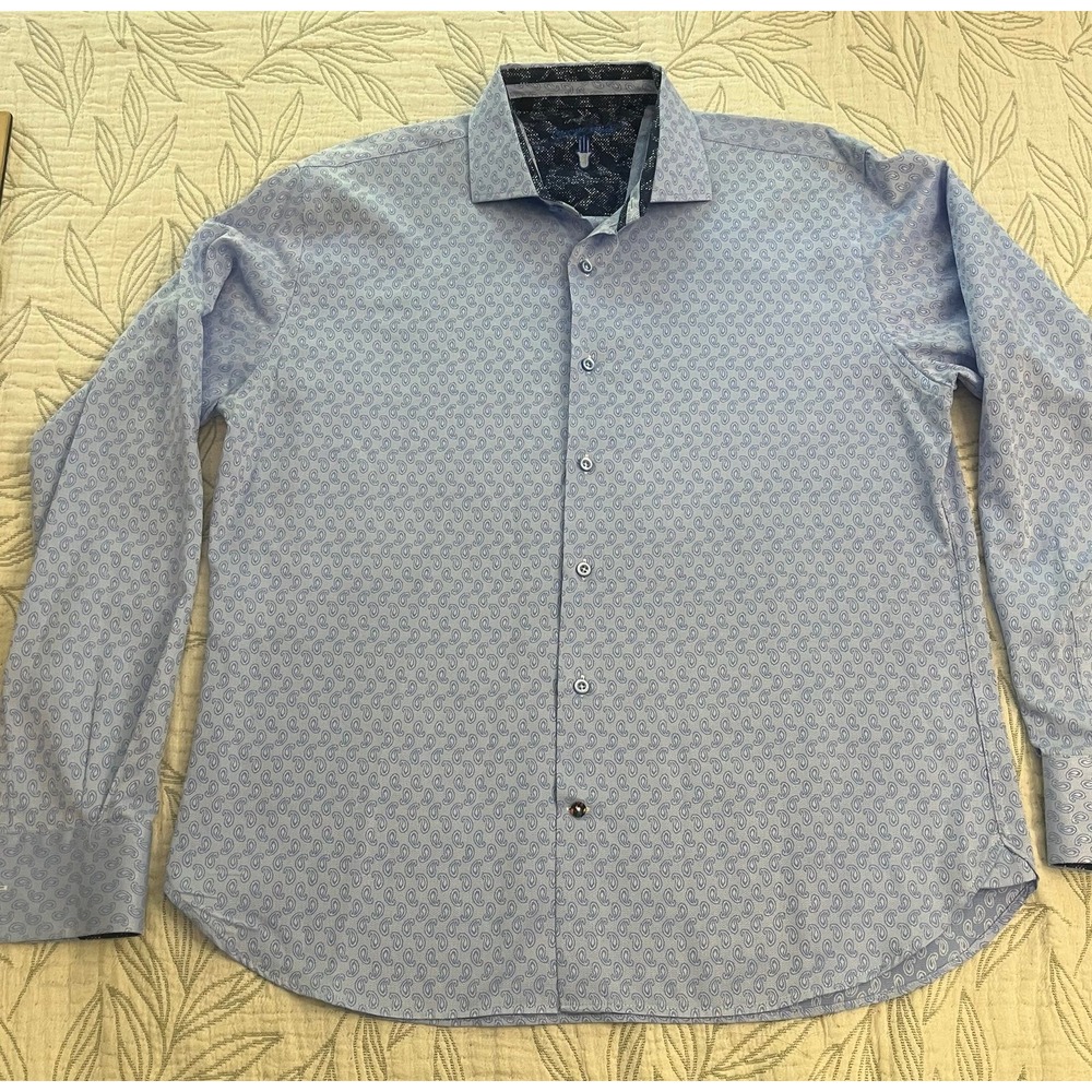 Luchiano Visconti Black Mens XL Blue Paisley Cotton Modal Button Down Shirt